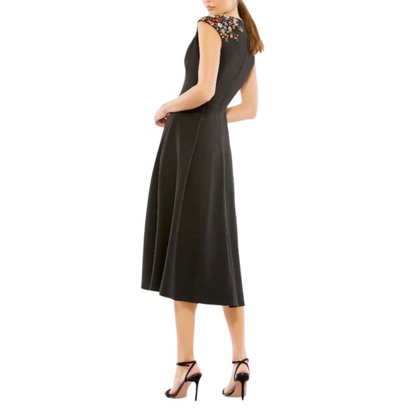 Mac Duggal 70214 Size 16 Black Floral Beaded V-Neck‎ A-Line Cocktail Midi Dress - Picture 4 of 4
